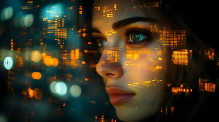 A young woman looks out a window at the city lights, her face overlaid with digital code.