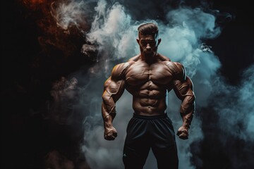 Intense Bodybuilder Emerging from Mist with Sculpted Muscles