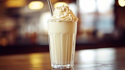 A creamy vanilla bean milkshake with whipped cream, served in a vintage-style glass with a straw.