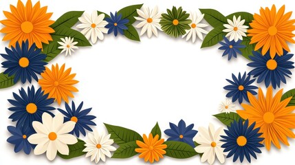 Obraz premium Paper Flowers Frame White Background Orange Blue White Flowers Green Leaves