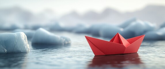 Obraz premium Red paper boat leading the way through icy waters, symbolizing hope and resilience among a backdrop of floating icebergs.