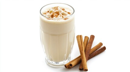 A creamy vanilla-flavored horchata in a tall glass with cinnamon sticks on the side, isolated on white.