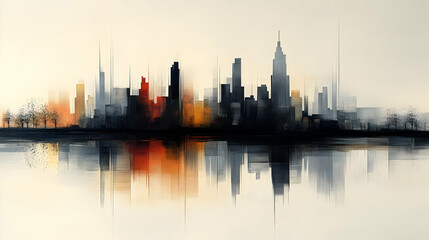 Obraz premium Abstract cityscape with water reflection in muted tones.