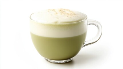 A cup of vanilla green tea latte with a frothy top, presented on a clean white background.