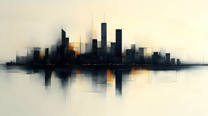 Fototapeta premium Abstract painting of a city skyline with reflections in the water.