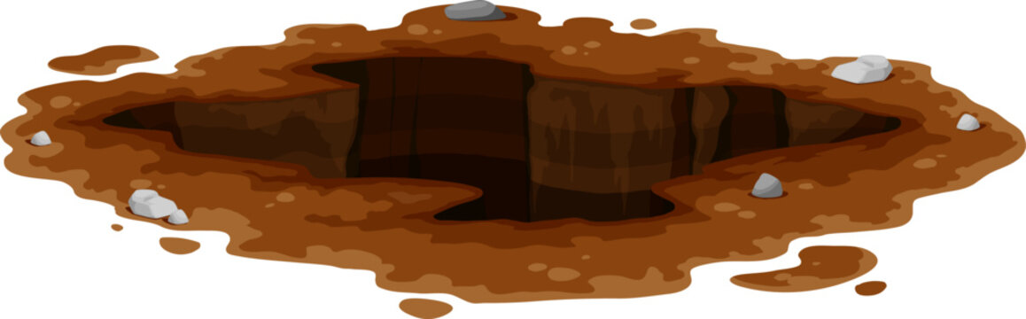 Pit in ground or burrow and dirty deep hole in soil, cartoon vector icon. Underground manhole or deep dig burrow in ground, dirty hollow or pit hole from groundhog or mole and muddy crack chasm