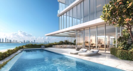 Rendering of a modern home's exterior and its pool and patio in 3D