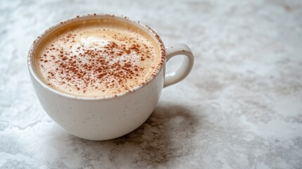 Obraz premium A hot vanilla cappuccino in a white cup with frothy foam and a sprinkle of cocoa powder on top.