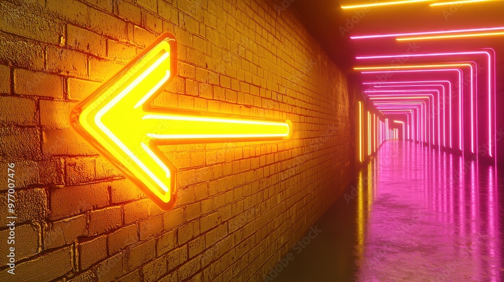 Sticker neon arrow sign on brick wall with pink and yellow lights