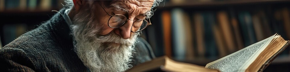 Old rabbi reading Torah scrolls in quiet synagogue