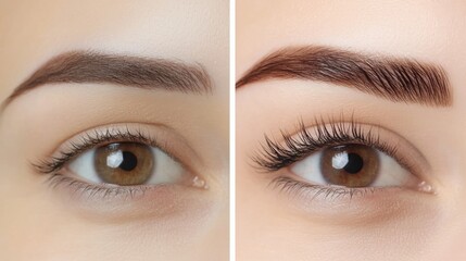 Naklejka premium A before-and-after comparison of a woman's eyebrows, showing the difference between natural and professionally styled brows, set on a clean background