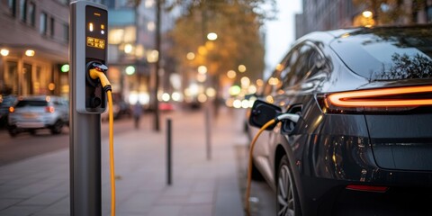 an electric car charging at a state-of-the-art station, emphasizing the technological advancements in sustainable transportation