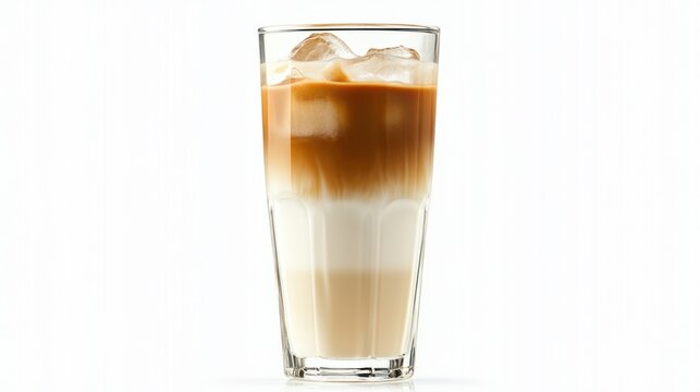 A tall glass of vanilla iced latte with layers of coffee, milk, and ice cubes, isolated on white.
