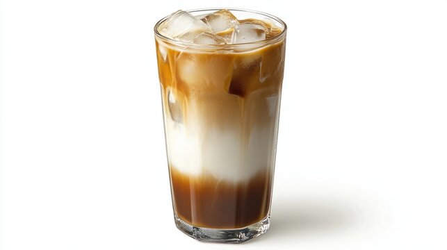 A tall glass of vanilla iced latte with layers of coffee, milk, and ice cubes, isolated on white.