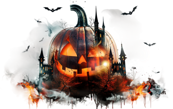 Chilling 4D Halloween Pumpkin with a Spooky Castle Design Carving and Haunted Background Isolated on Transparent Background PNG.