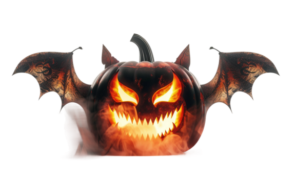Haunting 4D Halloween Pumpkin Showcasing a Vampire Bat Face Design in a Chilling Scene Isolated on Transparent Background PNG.