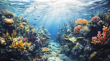 Fototapeta premium A depiction of coral reef ecosystems affected by rising sea temperatures with damaged marine life.