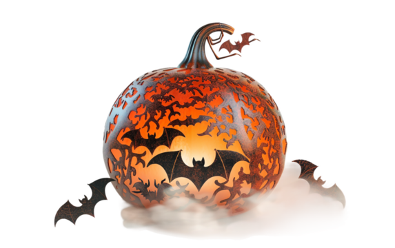 Ghostly 4D Halloween Pumpkin with a Carved Vampire Bat Face in a Spooky Setting Isolated on Transparent Background PNG.