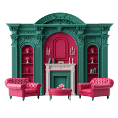 Obraz premium Stylish interior design with green and pink color scheme featuring armchairs and fireplace