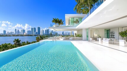 Obraz premium Modern Luxury Home with Infinity Pool and City Skyline View