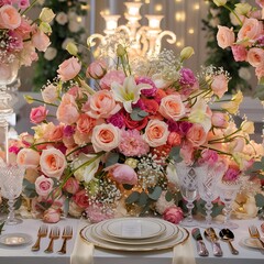 Beautiful wedding table decorated with the flowers