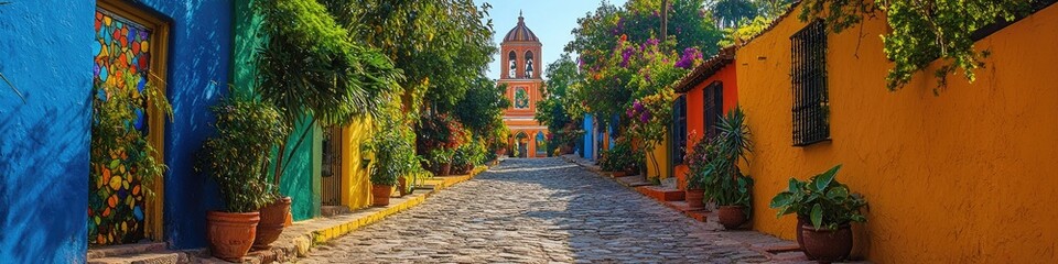 Cobblestone path through quaint village to old church with stained glass windows