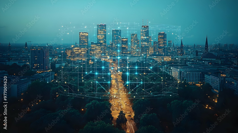 Poster aerial view of a modern city skyline at night with a glowing network of lines and dots overlayed, re