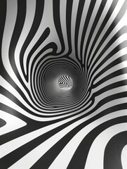 Naklejka premium Abstract Fibonacci spiral in white with black stripes, featuring a hypnotic optical illusion, perfect for digital media and graphic design.