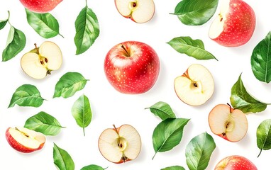A vibrant composition of red apples and green leaves arranged in a playful pattern on a white background.