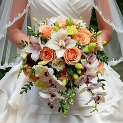 Wedding bouquet held by the bride made up of fake flowers but looks like real florals.
