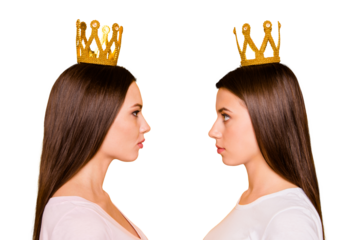 Close-up profile side view portrait of nice-looking cute charming lovely attractive calm confident straight-haired girls isolated over bright vivid shine yellow background