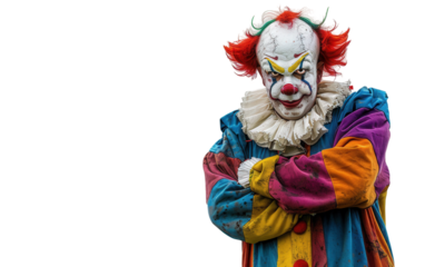 A horrifying clown with an exaggerated painted face and elaborate, vibrant costume Isolated on Transparent Background PNG.