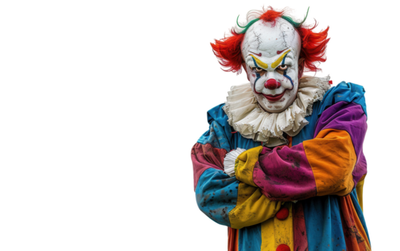 A horrifying clown with an exaggerated painted face and elaborate, vibrant costume Isolated on Transparent Background PNG.