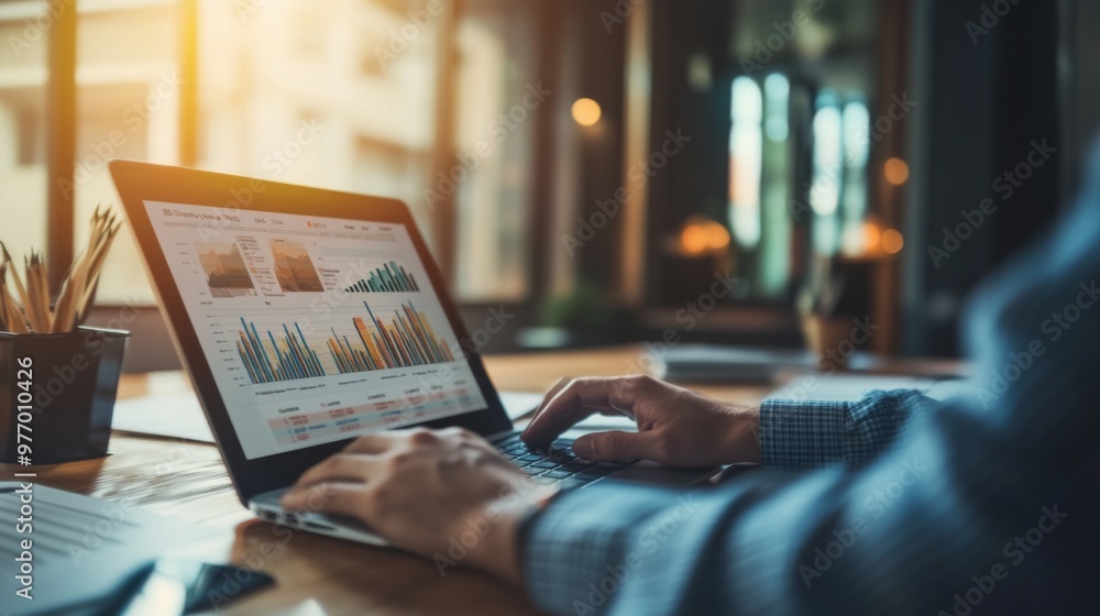 Poster a business professional reviewing financial charts and graphs on a laptop, with a focus on the scree