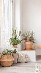 Fototapeta premium A cozy indoor space featuring various potted plants arranged thoughtfully by a large window in a bright and minimalist room