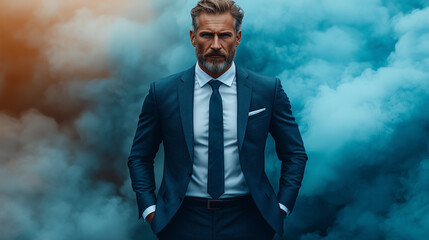 un homme d'affaires l'air déterminé avec de la fumée en arrière-plan