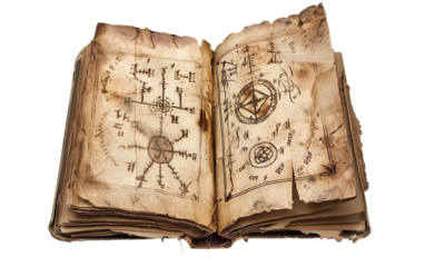 An eerie ancient book adorned with enigmatic symbols and arcane spells Isolated on Transparent Background PNG.