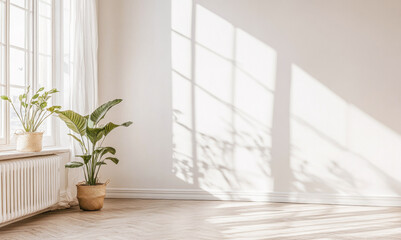 Bright and airy interior with plants casting shadows in a sunlit room on a warm afternoon