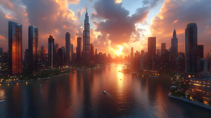 Obraz premium Aerial view of a modern cityscape with skyscrapers and a river at sunset.