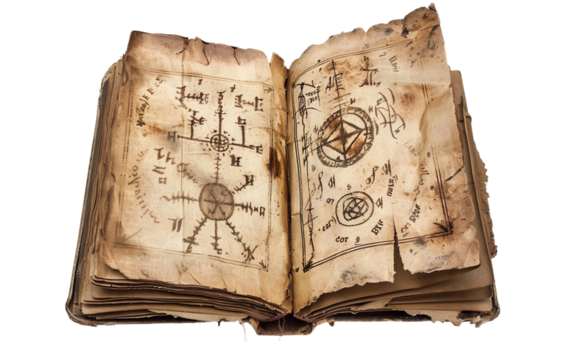 An eerie ancient book adorned with enigmatic symbols and arcane spells Isolated on Transparent Background PNG.