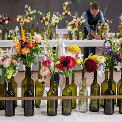 Wedding flowers on reception tables setup by a florist using vintage antique bottles.