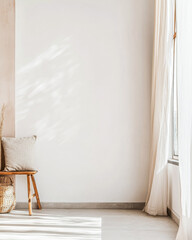 Natural light fills a minimalist corner with a cozy chair and soft textures, creating a serene atmosphere in a tranquil interior space