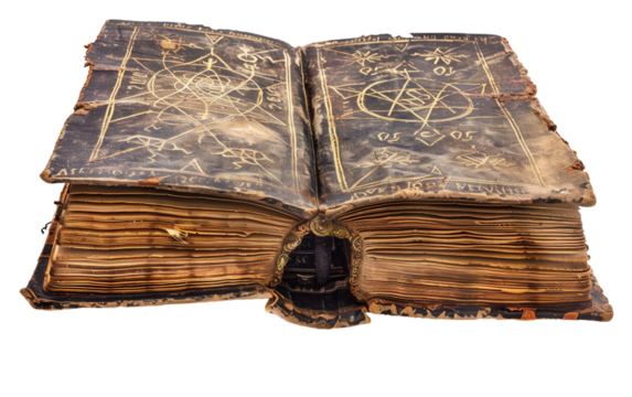 A creepy old book featuring mysterious symbols and ancient spells on its pages Isolated on Transparent Background PNG.