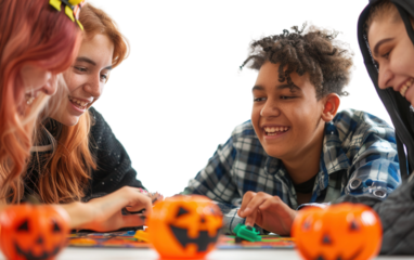 Group of friends having a Halloween-themed board game night with eerie excitement Isolated on Transparent Background PNG.