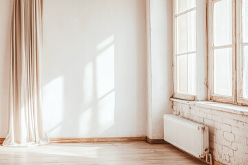 Fototapeta premium Bright and airy empty room with large windows and wooden flooring in a rustic setting bathed in natural light