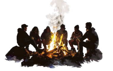 Group enjoying a night of ghost stories and Halloween-themed campfire tales Isolated on Transparent Background PNG.