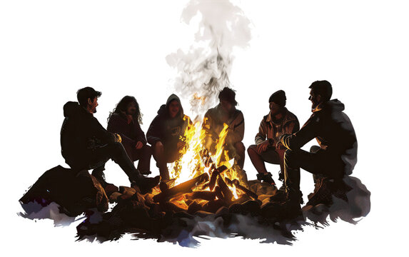 Group enjoying a night of ghost stories and Halloween-themed campfire tales Isolated on Transparent Background PNG.
