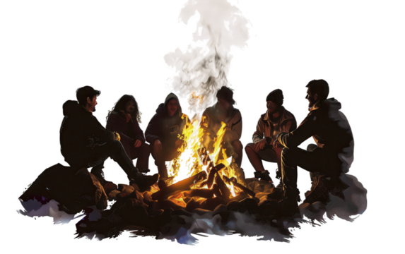 Group enjoying a night of ghost stories and Halloween-themed campfire tales Isolated on Transparent Background PNG.