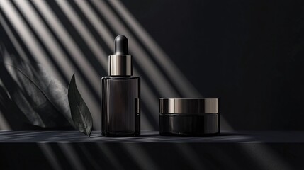 Black Glass Dropper Bottle and Jar on Black Background.