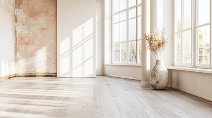 Obraz premium Bright and airy interior space with large windows, natural light, and minimal decor featuring dried plants in a vase